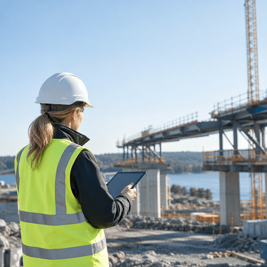 Site supervisor in a hard hat reviewing a tablet beside a steel structure